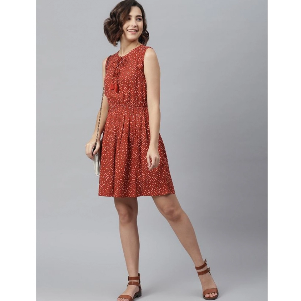 Women's Rayon Polka Sleeveless Above Knee Dress (Rust) - Image 3