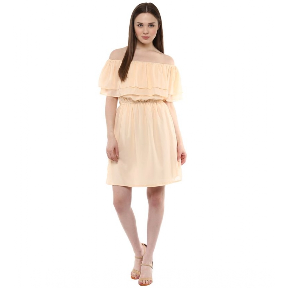 Women's Polyester Solid Sleeveless Knee-Length Dress (Beige) - Image 3