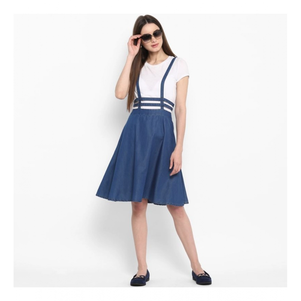 Women's Denim Solid Shoulder Straps Below Knee Dress (Blue) - Image 3