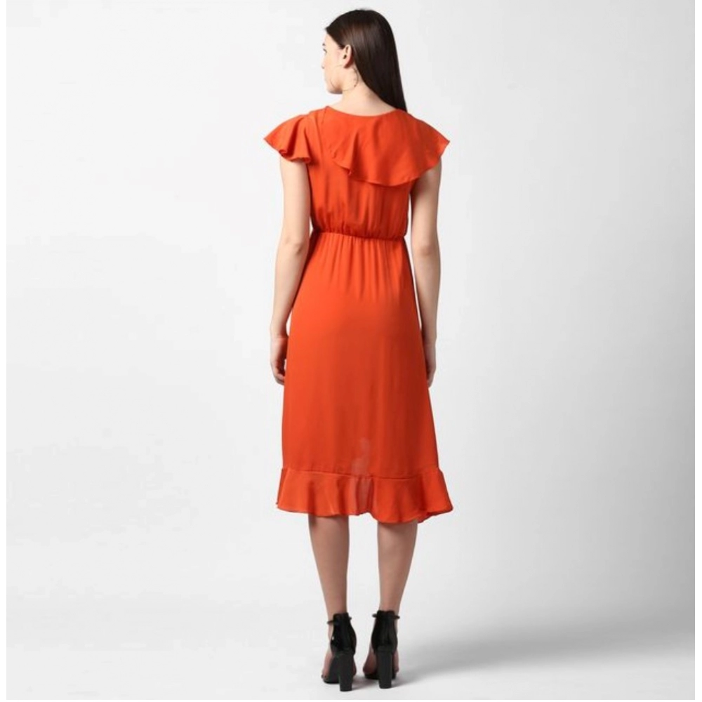Women's Polyester Ruffled Cap Sleeve Knee-Length Dress (Orange) - Image 2
