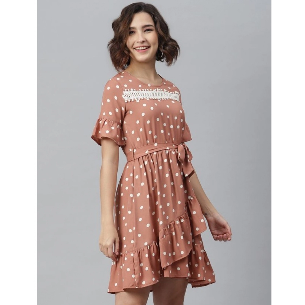 Women's Polyester Polka Bell Sleeve Above Knee Dress (Brown) - Image 5
