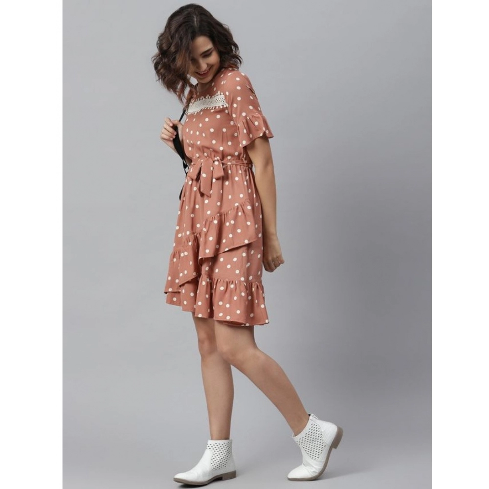 Women's Polyester Polka Bell Sleeve Above Knee Dress (Brown) - Image 3