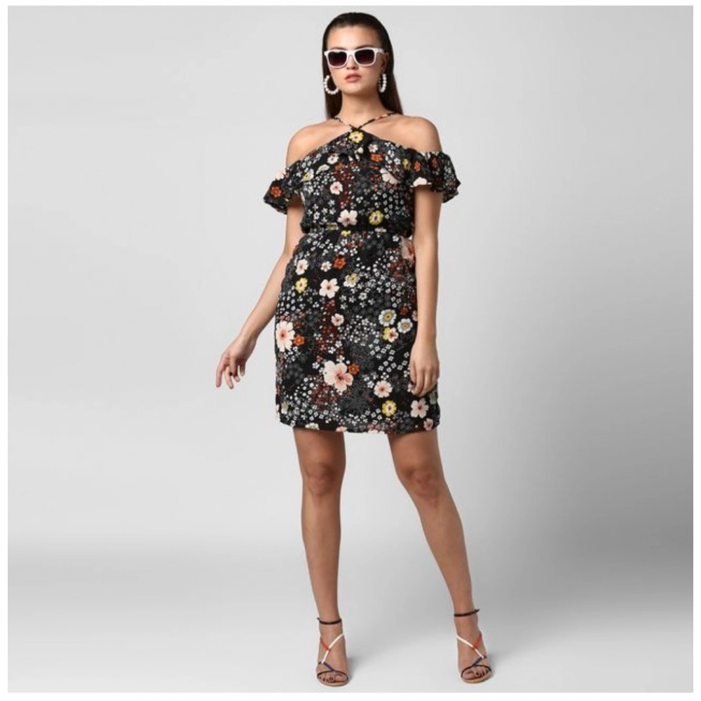 Women's Polyester Floral Cold Shoulder Above Knee Dress (Black) - Image 3