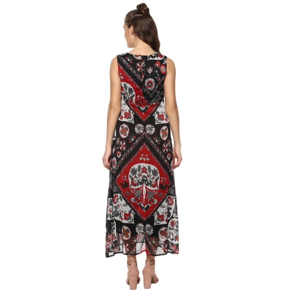 Women's Polyester Printed Sleeveless Dress (Red - Black) - Image 2