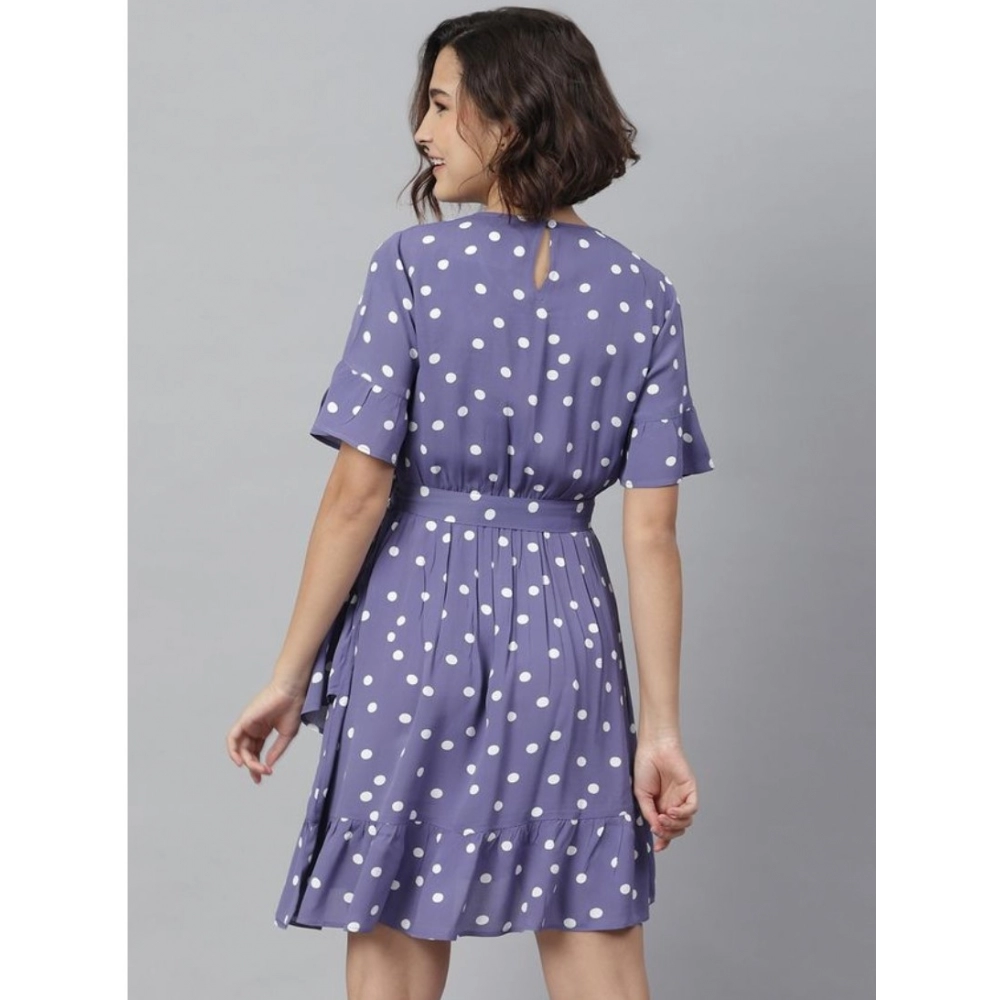 Women's Polyester Polka Bell Sleeve Above Knee Dress (Lavender) - Image 2
