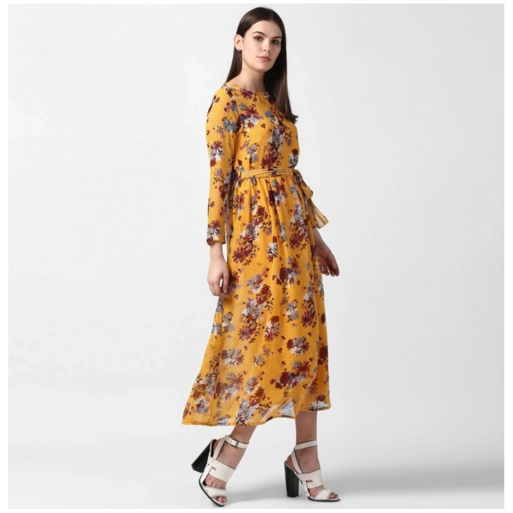 Women's Polyester Floral Long Sleeves Calf-length Dress (Yellow) - Image 5
