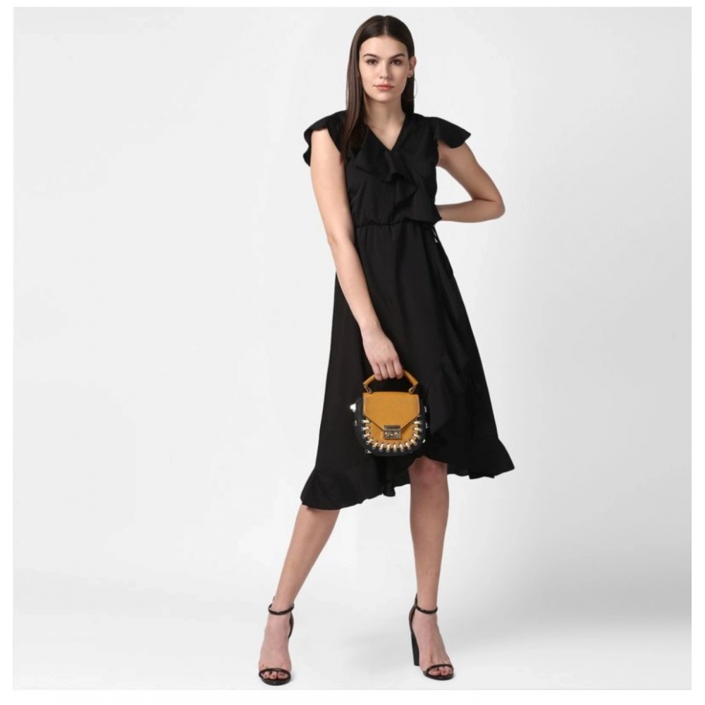 Women's Polyester Ruffled Cap Sleeve Knee-Length Dress (Black) - Image 3