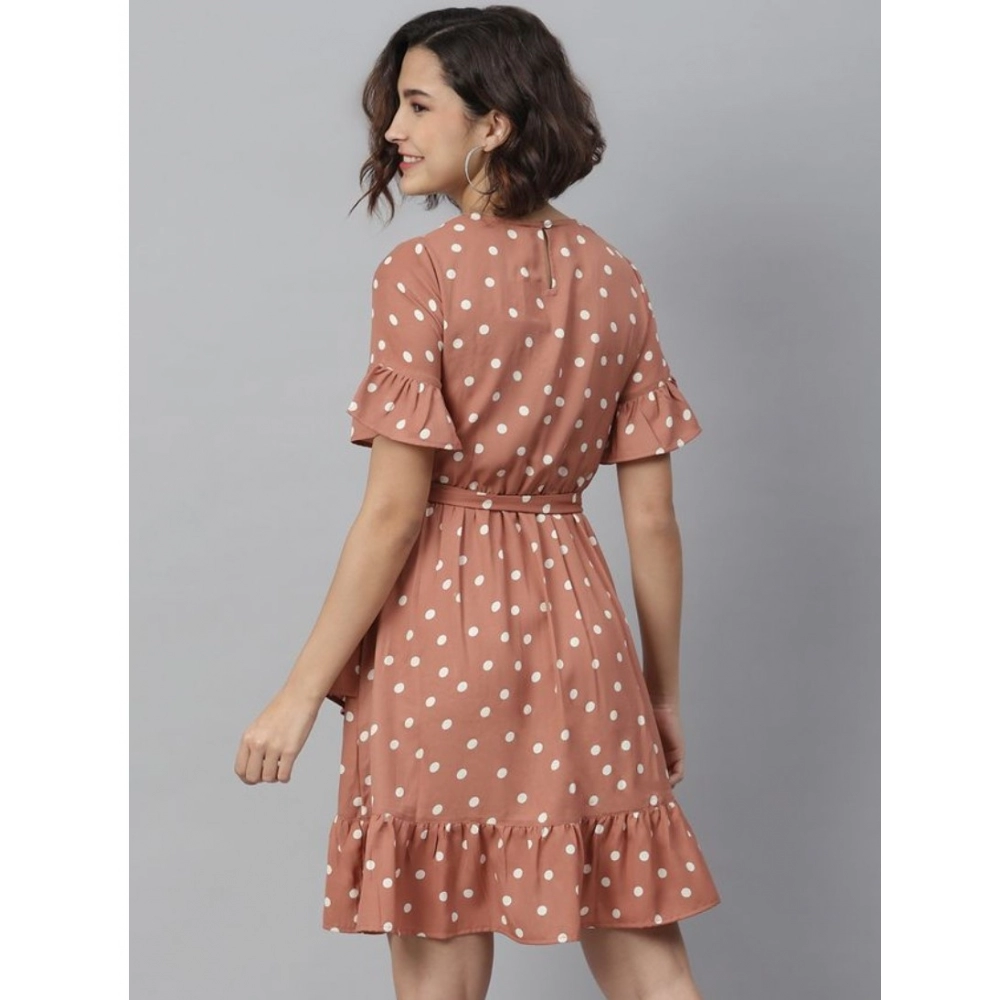 Women's Polyester Polka Bell Sleeve Above Knee Dress (Brown) - Image 2