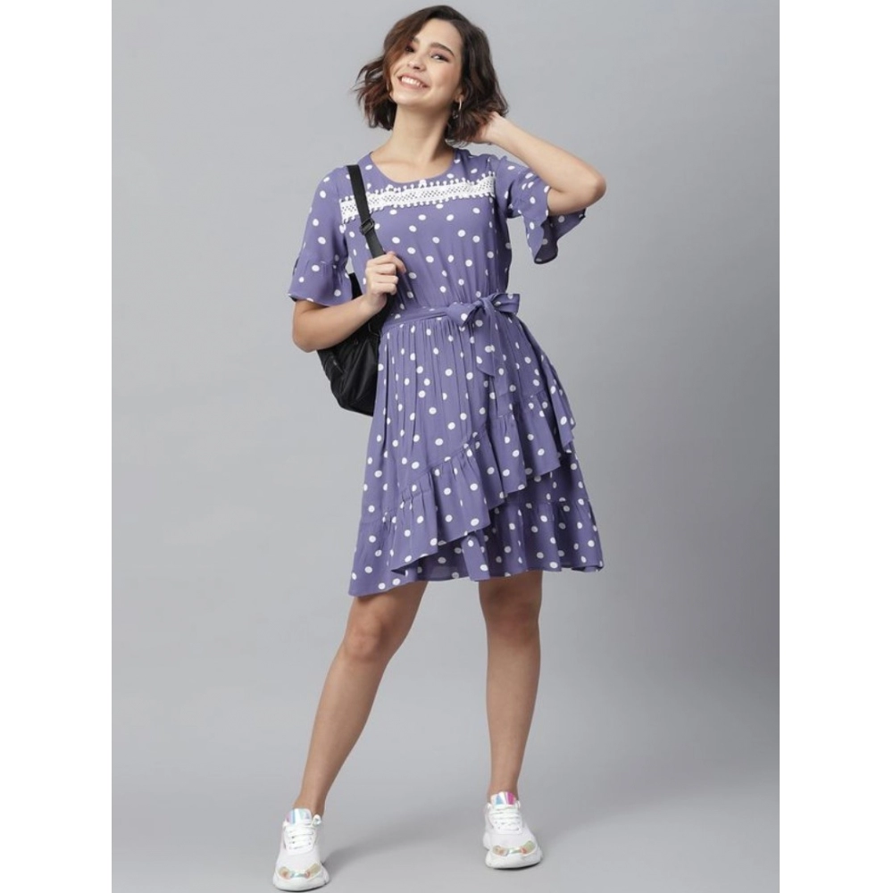 Women's Polyester Polka Bell Sleeve Above Knee Dress (Lavender) - Image 3