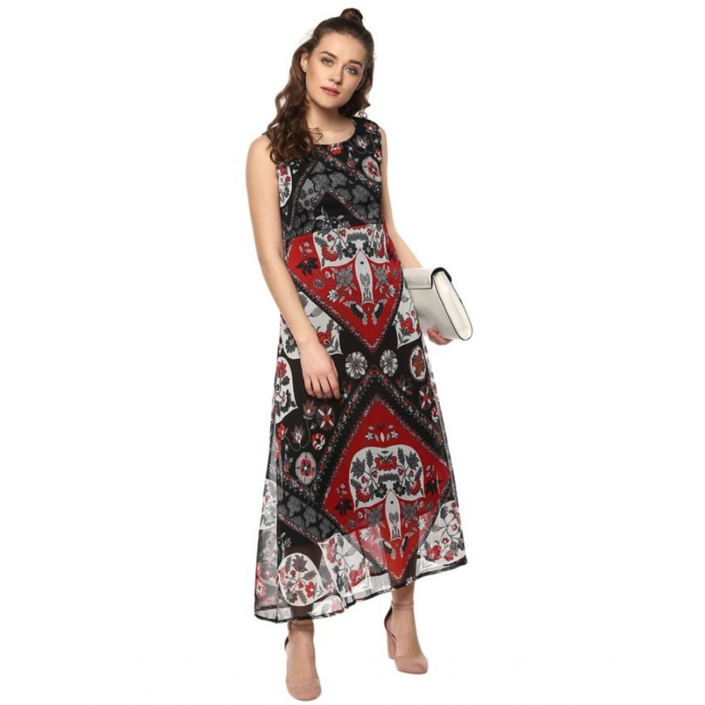Women's Polyester Printed Sleeveless Dress (Red - Black) - Image 3