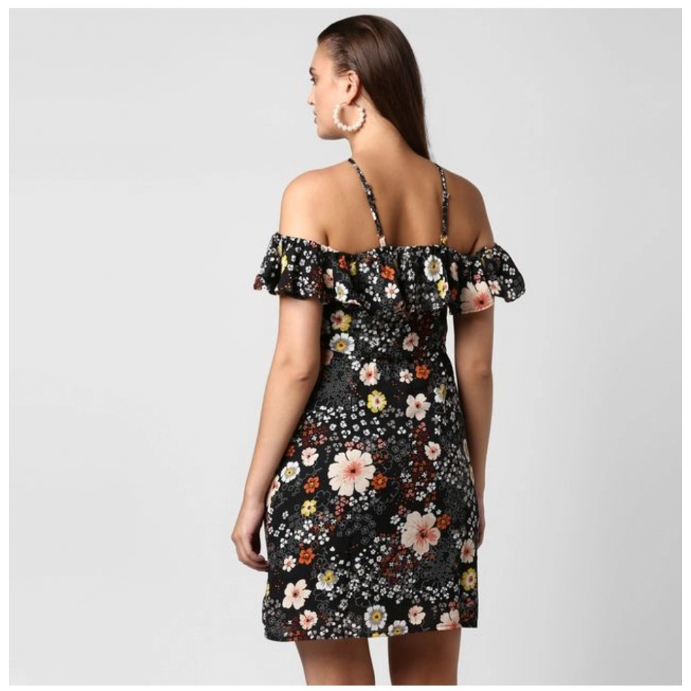 Women's Polyester Floral Cold Shoulder Above Knee Dress (Black) - Image 2