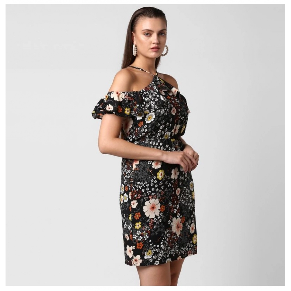 Women's Polyester Floral Cold Shoulder Above Knee Dress (Black) - Image 5