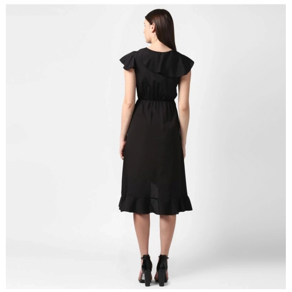 Women's Polyester Ruffled Cap Sleeve Knee-Length Dress (Black) - Image 2