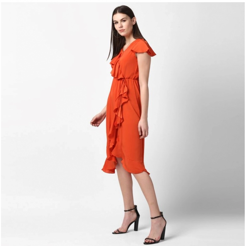 Women's Polyester Ruffled Cap Sleeve Knee-Length Dress (Orange) - Image 5