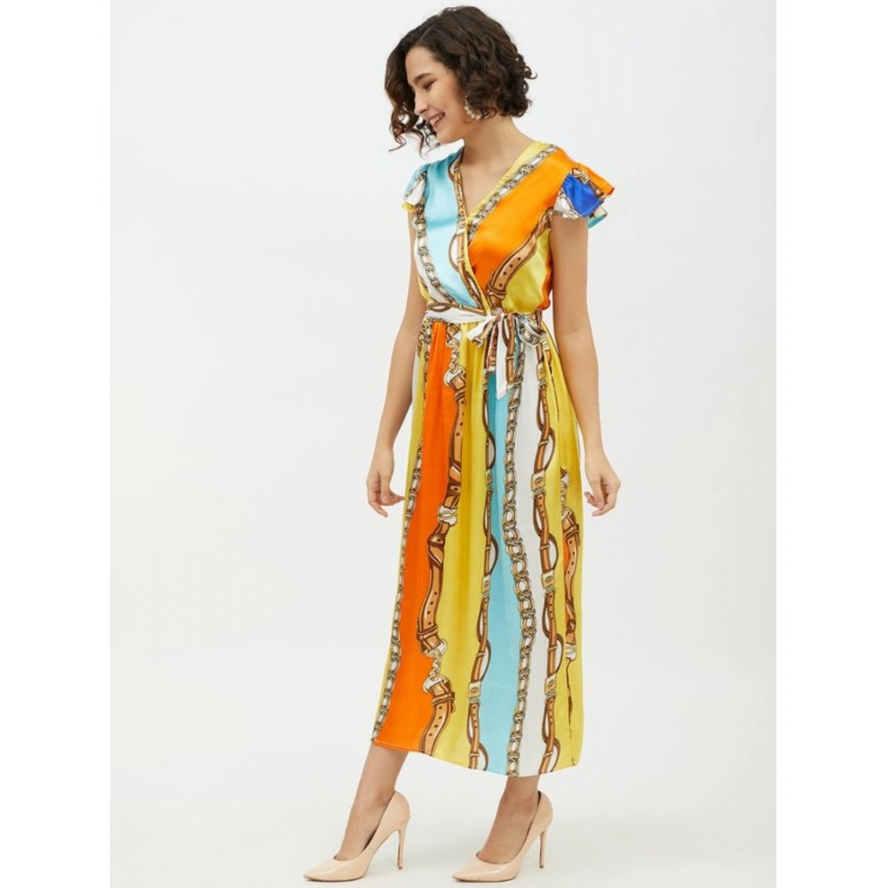 Women's Satin Chain Print Cap Sleeve Calf-length Dress (Multicolor) - Image 5