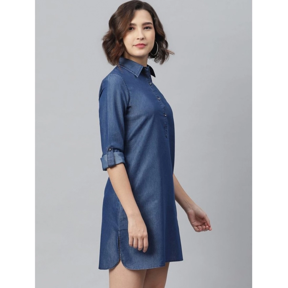 Women's Denim Solid Long Sleeves Above Knee Dress (Navy Blue) - Image 5