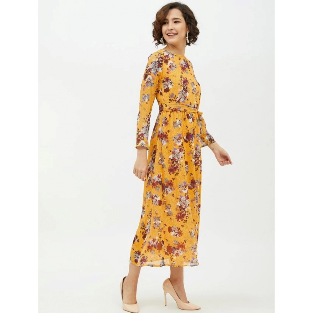 Women's Polyester Floral Long Sleeves Calf-length Dress (Multicolor) - Image 5