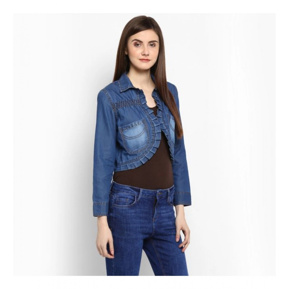 Women's Denim Pleated 3-4th Sleeves Shrug (Blue) - Image 5