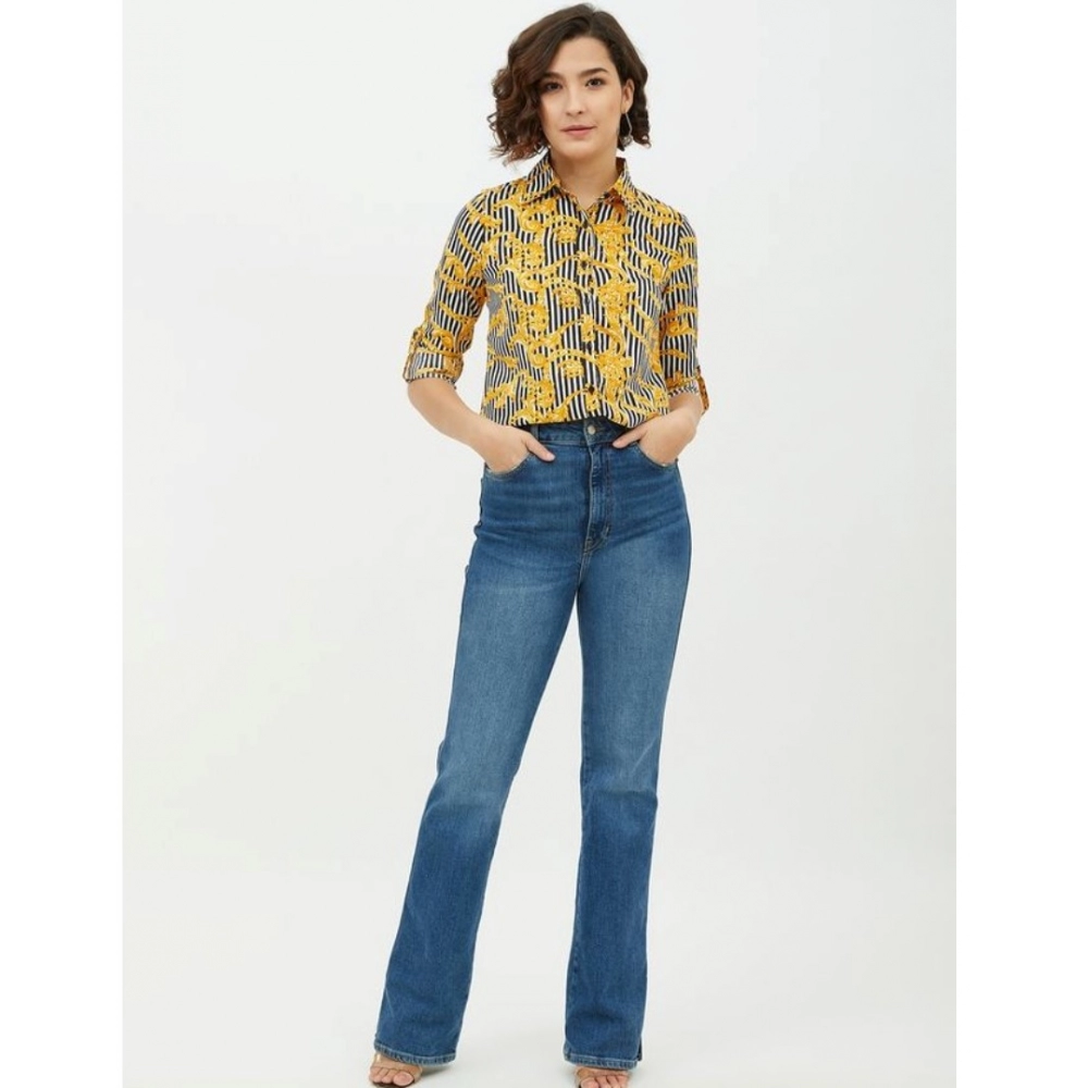Women's Polyester Printed Roll Up Sleeve Standard Length Shirt (Mustared) - Image 3