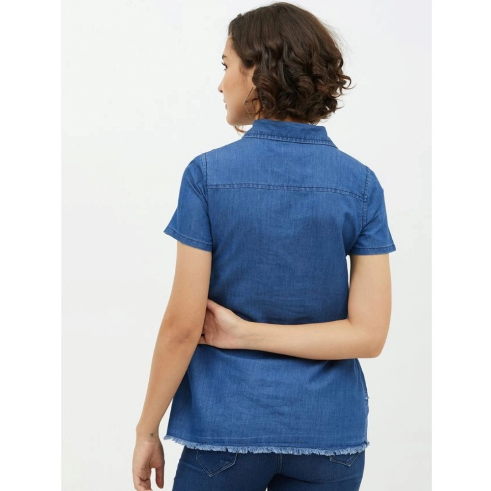 Women's Denim Peplum Short Sleeve Top (Blue) - Image 2