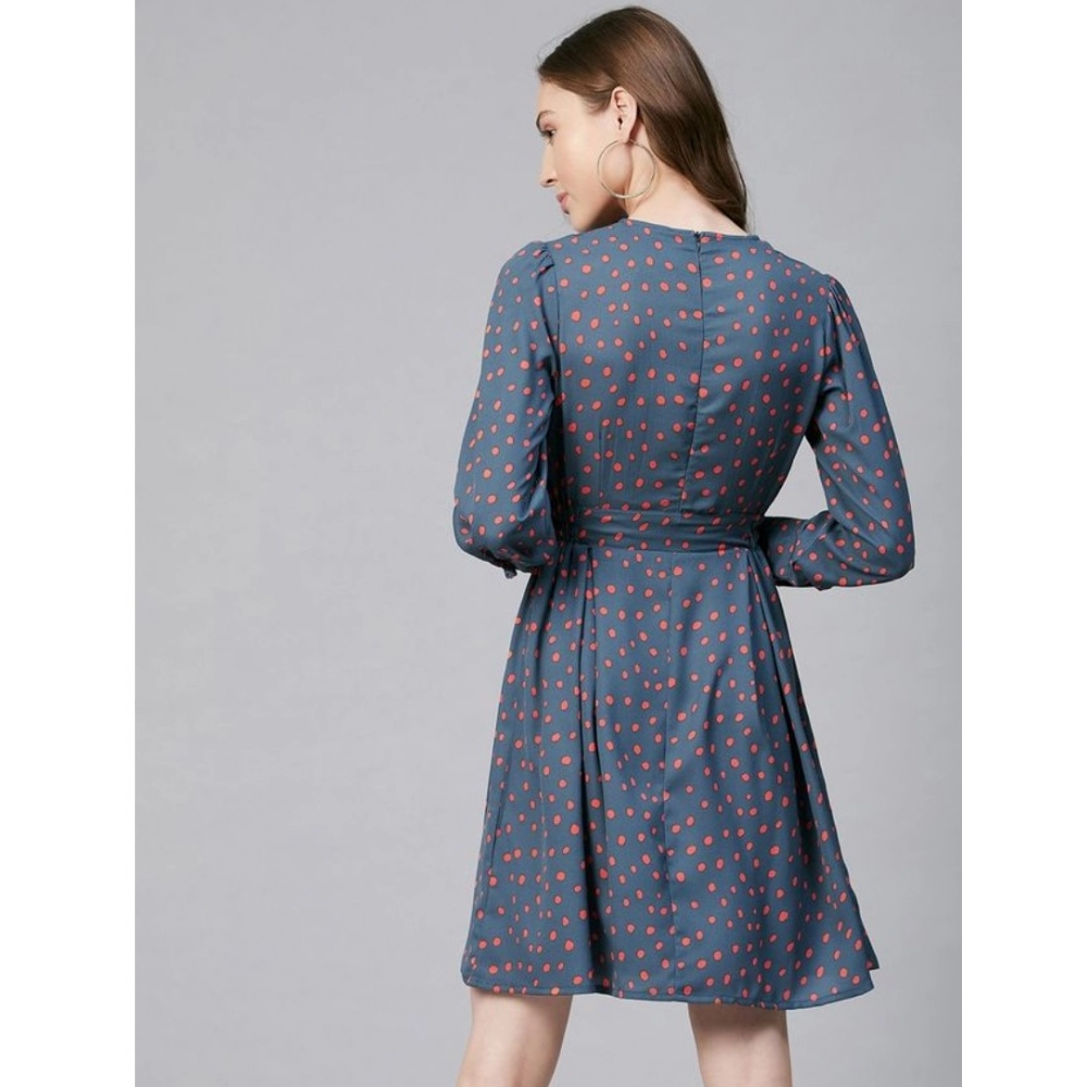 Women's Polyester Polka Long Sleeves Above Knee Dress (Grey - Coral) - Image 2