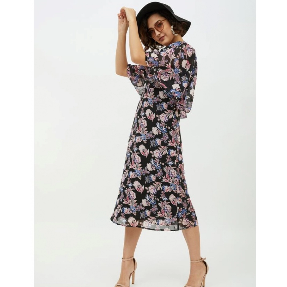 Women's Polyester Chain Print Cap Sleeve Calf-length Dress (Multicolor) - Image 3