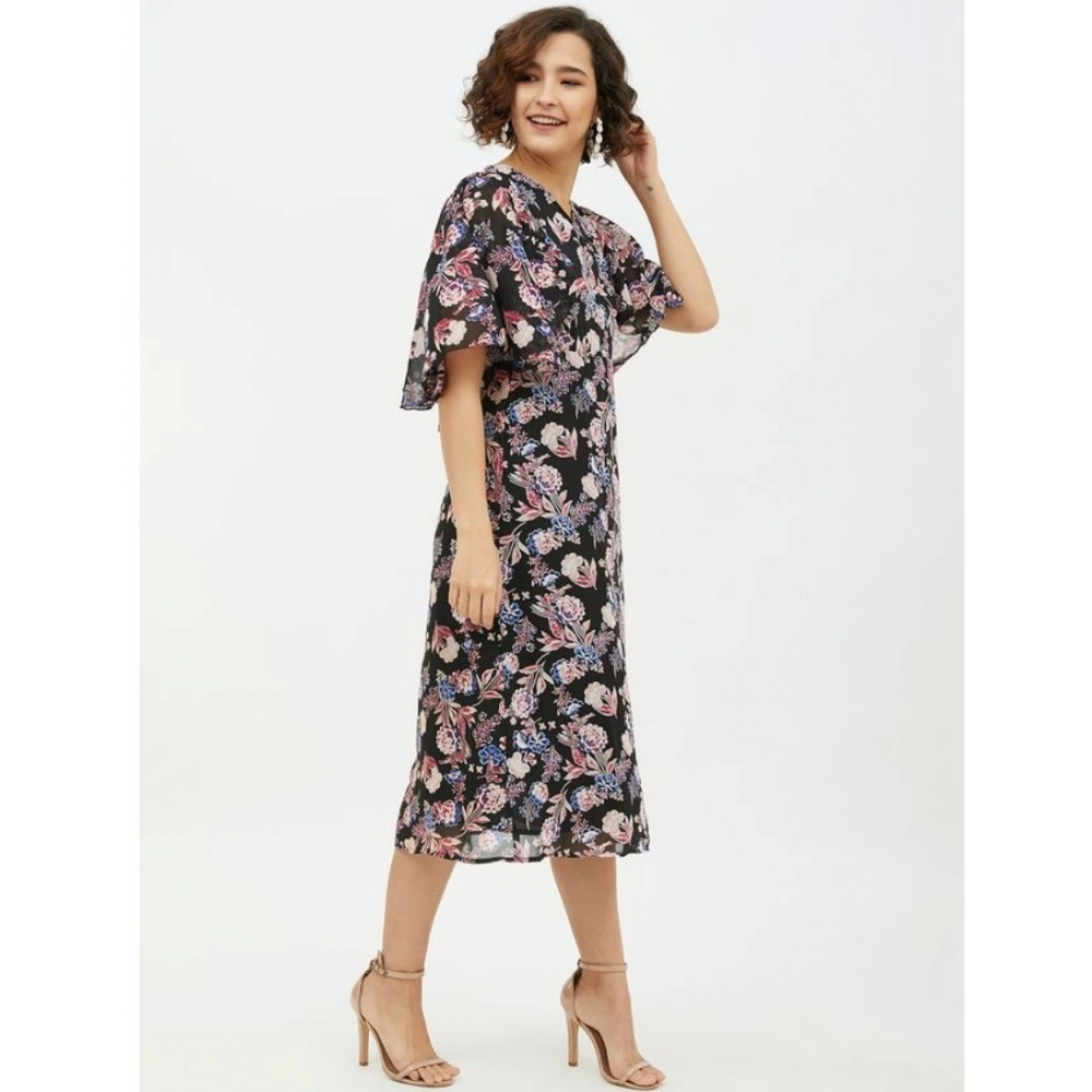Women's Polyester Chain Print Cap Sleeve Calf-length Dress (Multicolor) - Image 5