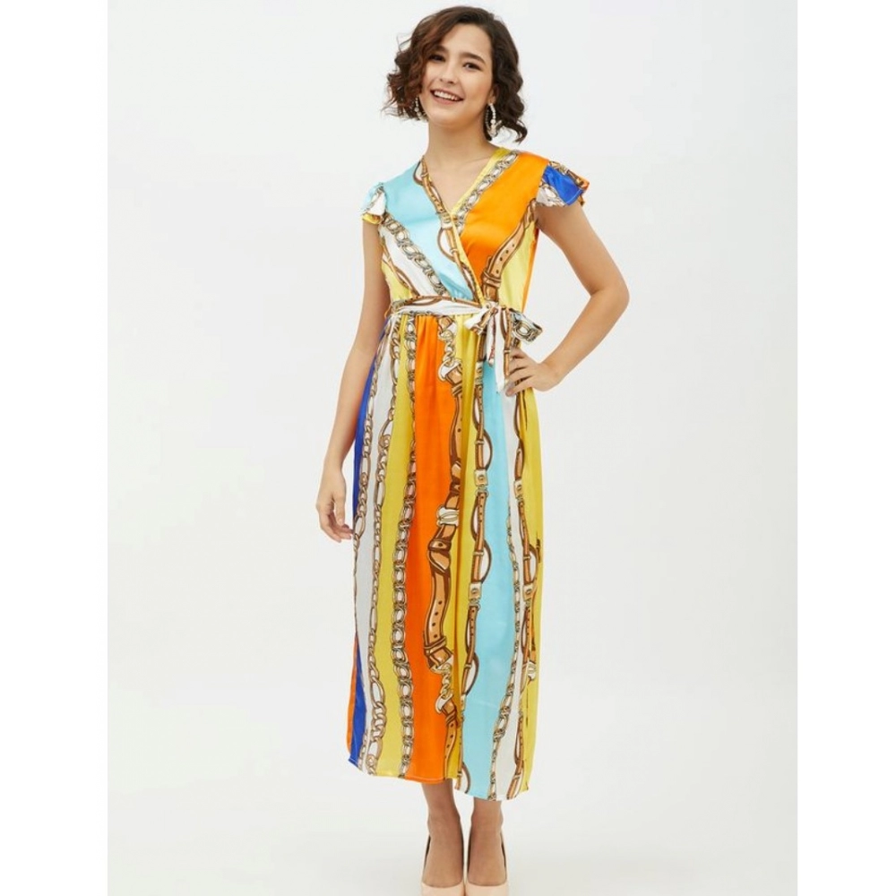 Women's Satin Chain Print Cap Sleeve Calf-length Dress (Multicolor) - Image 2