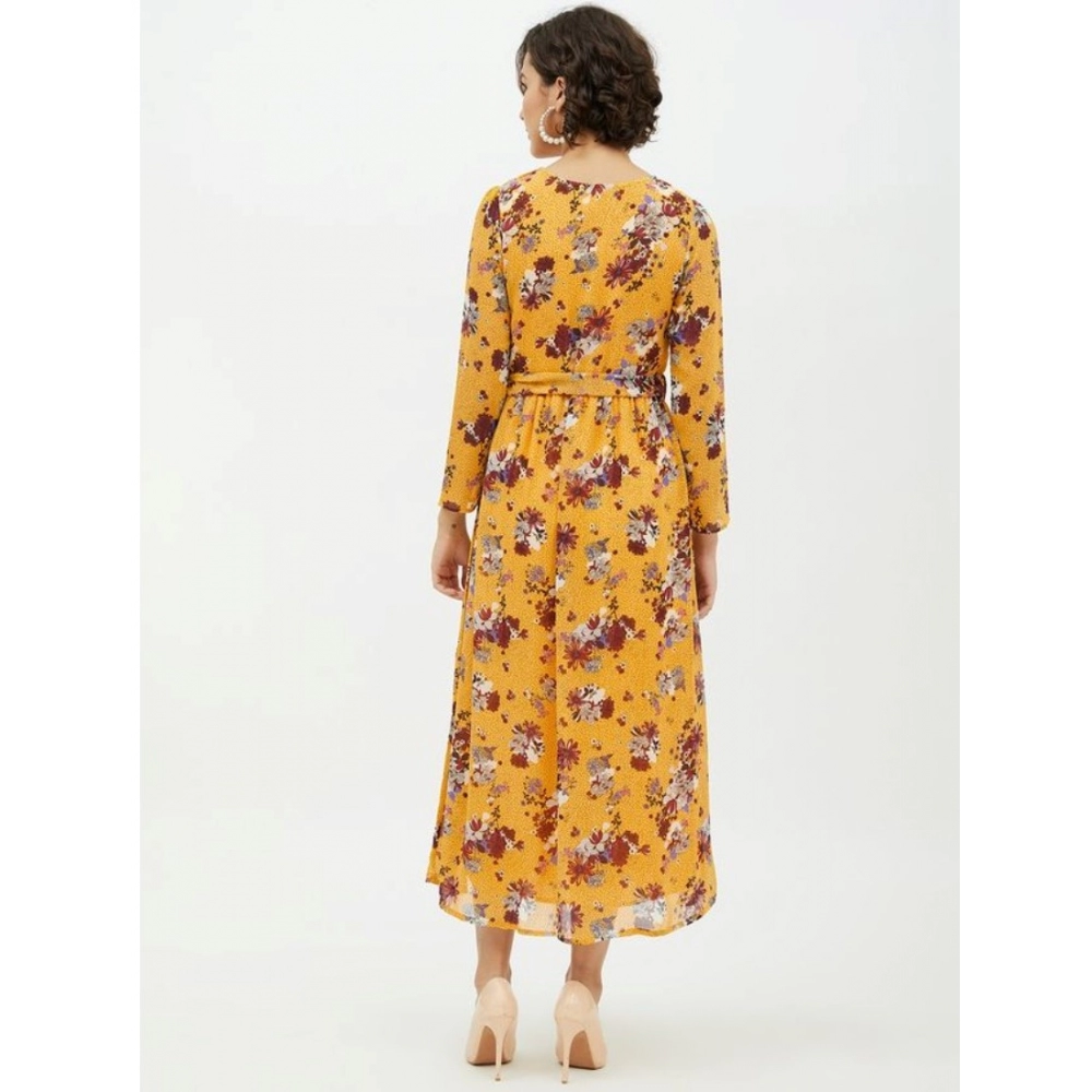 Women's Polyester Floral Long Sleeves Calf-length Dress (Multicolor) - Image 2