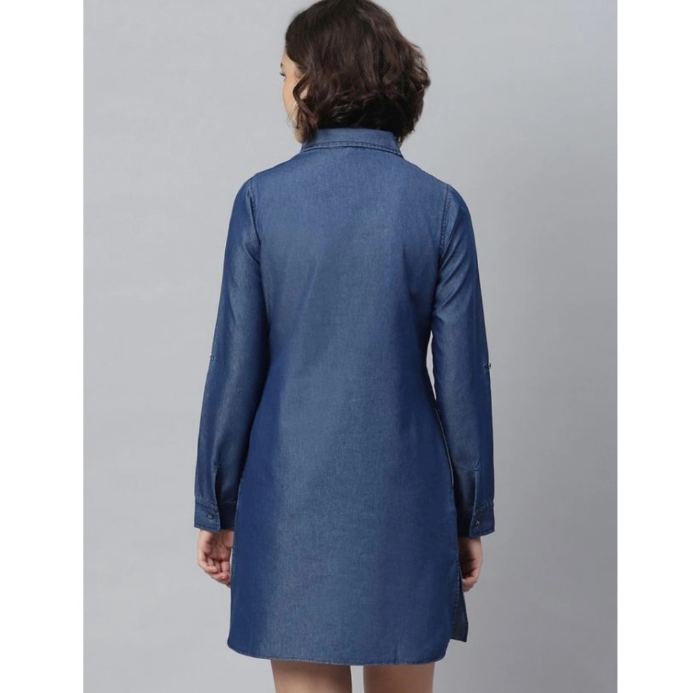 Women's Denim Solid Long Sleeves Above Knee Dress (Navy Blue) - Image 2