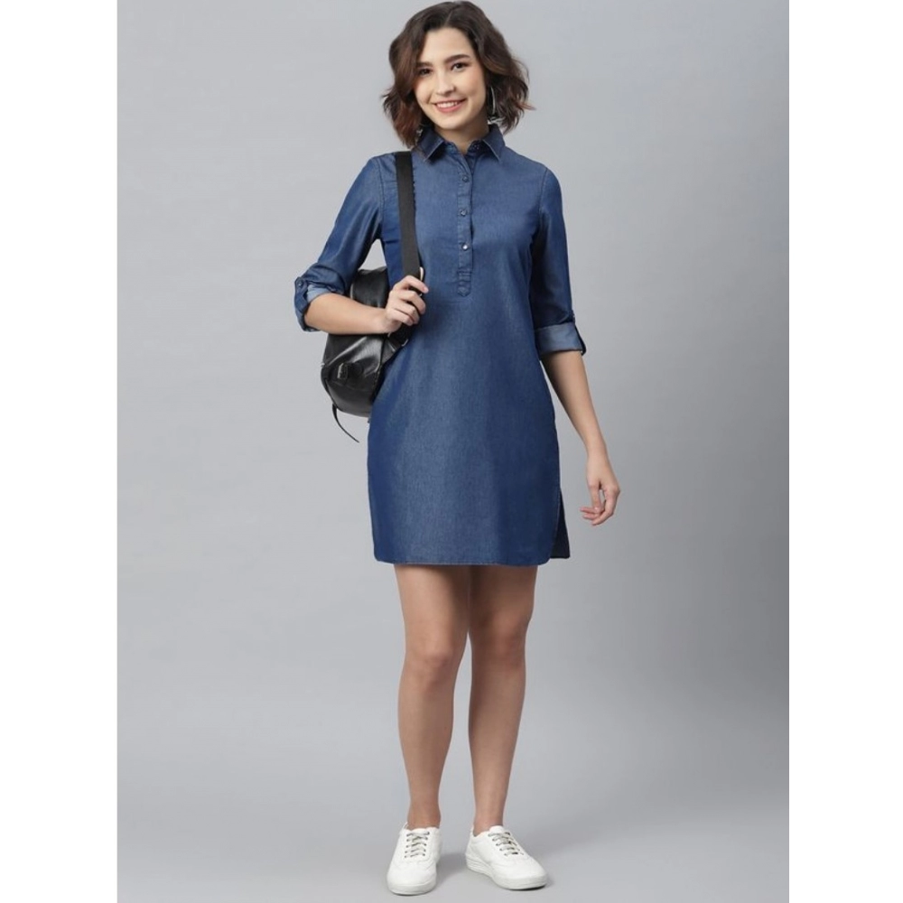 Women's Denim Solid Long Sleeves Above Knee Dress (Navy Blue) - Image 3