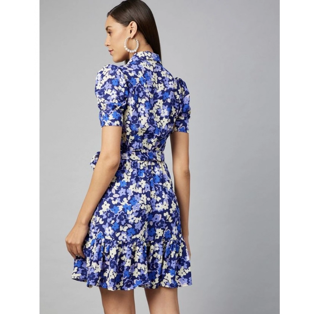 Women's Polyester Floral Short Sleeve Above Knee Dress (Blue - Purple) - Image 2