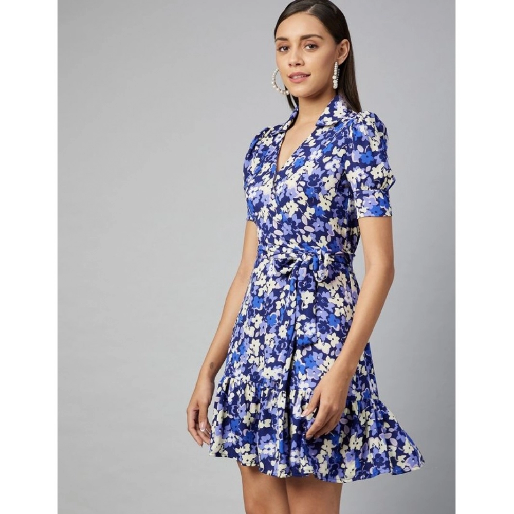 Women's Polyester Floral Short Sleeve Above Knee Dress (Blue - Purple) - Image 5