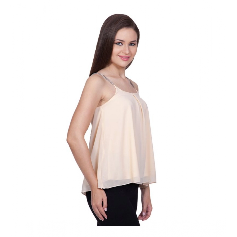 Women's Polyester Solid Shoulder Straps Regular Top (Beige) - Image 3