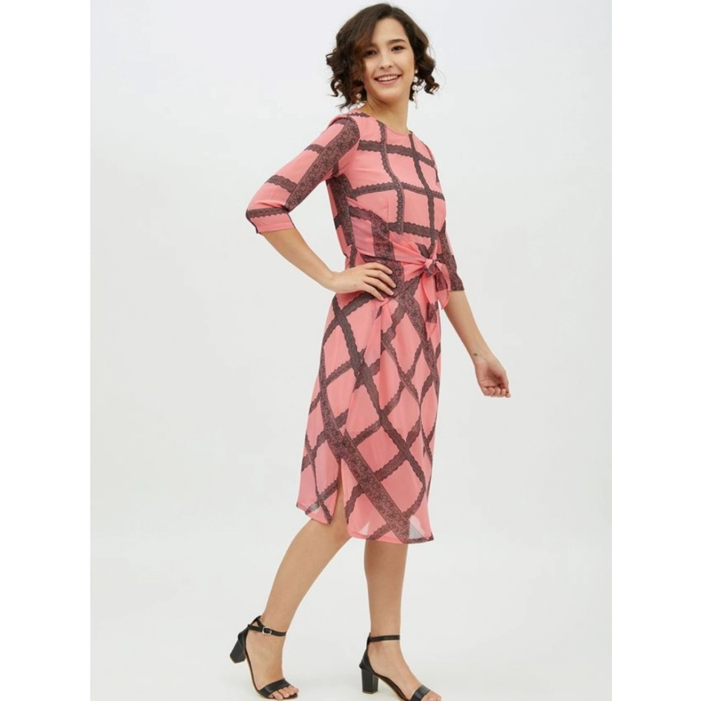 Women's Polyester Checkered 3-4th Sleeves Below Knee Dress (Pink) - Image 5
