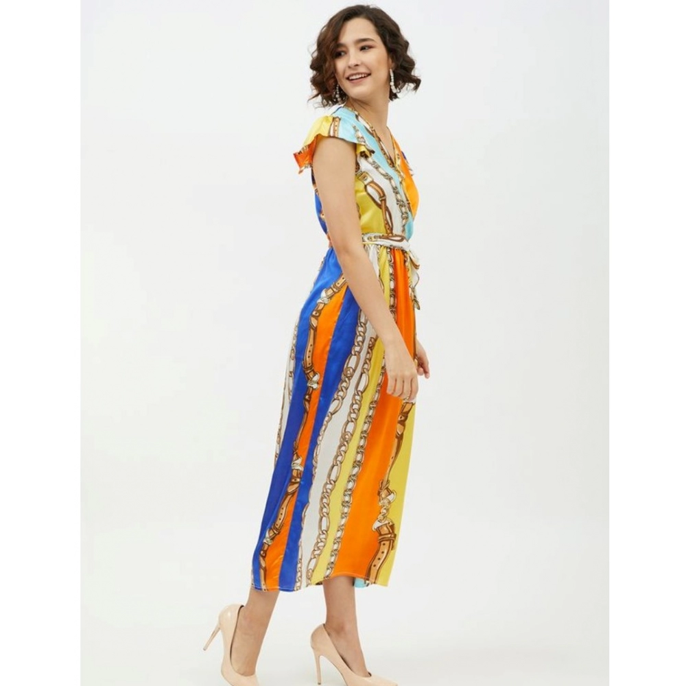 Women's Satin Chain Print Cap Sleeve Calf-length Dress (Multicolor) - Image 3