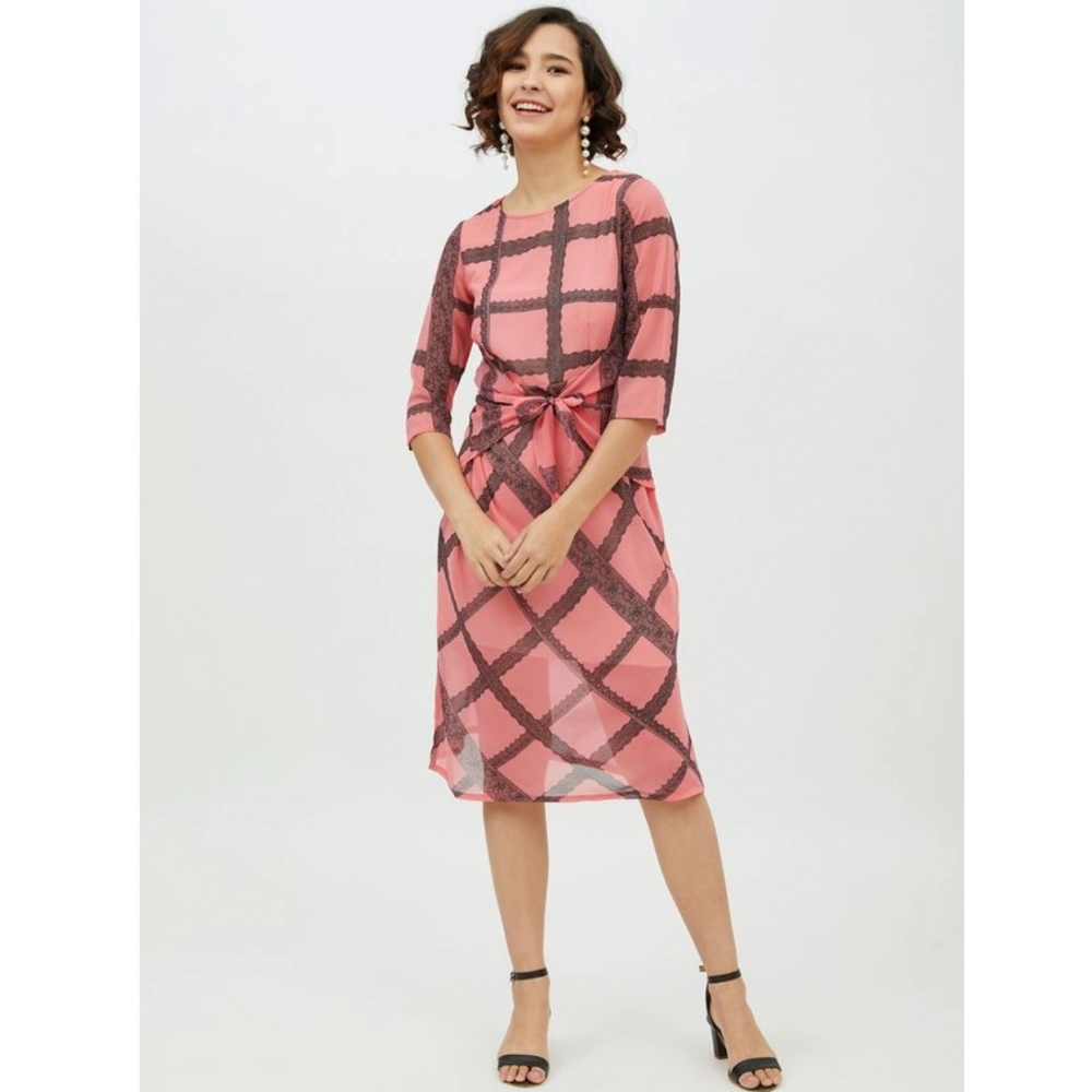Women's Polyester Checkered 3-4th Sleeves Below Knee Dress (Pink) - Image 3
