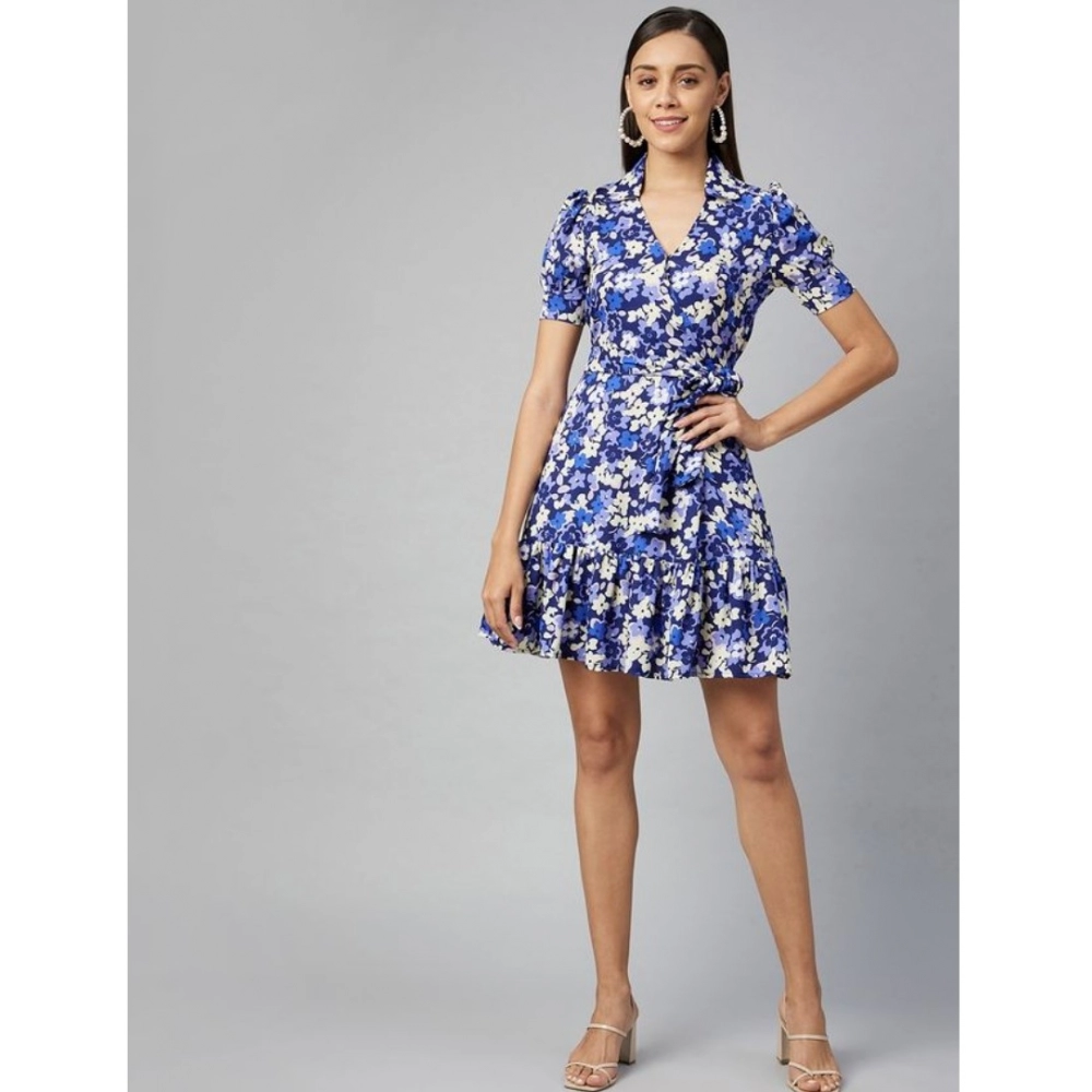 Women's Polyester Floral Short Sleeve Above Knee Dress (Blue - Purple) - Image 3
