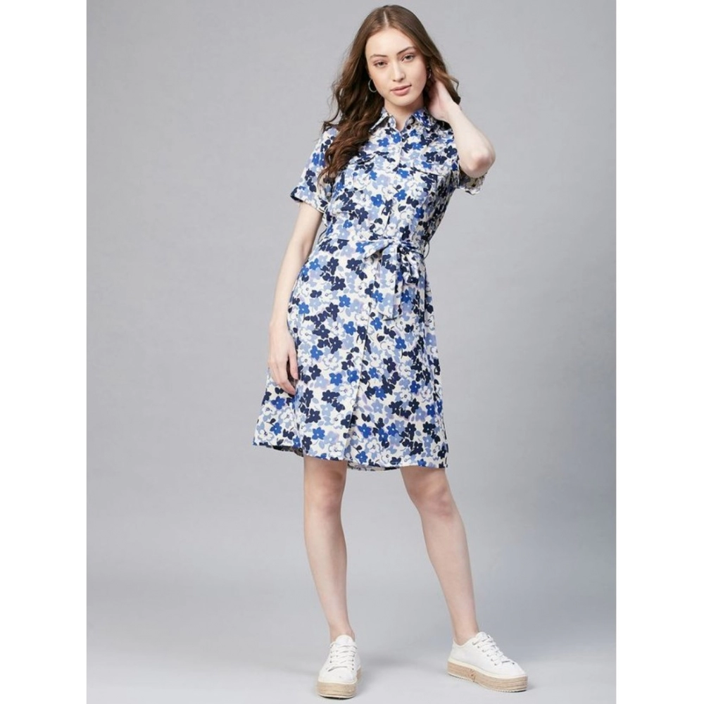 Women's Polyester Floral Short Sleeve Above Knee Dress (Blue - White) - Image 3