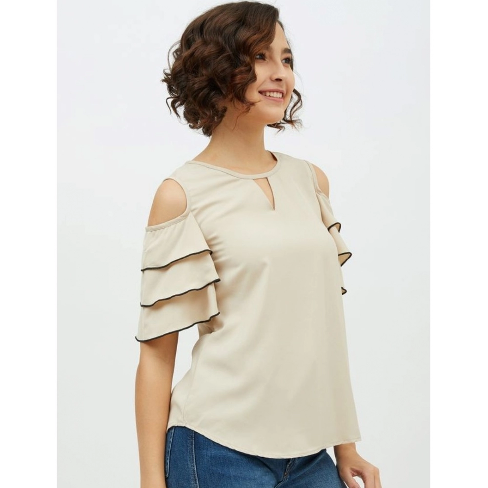 Women's Polyester Tiered Cold Shoulder Top (Beige) - Image 5