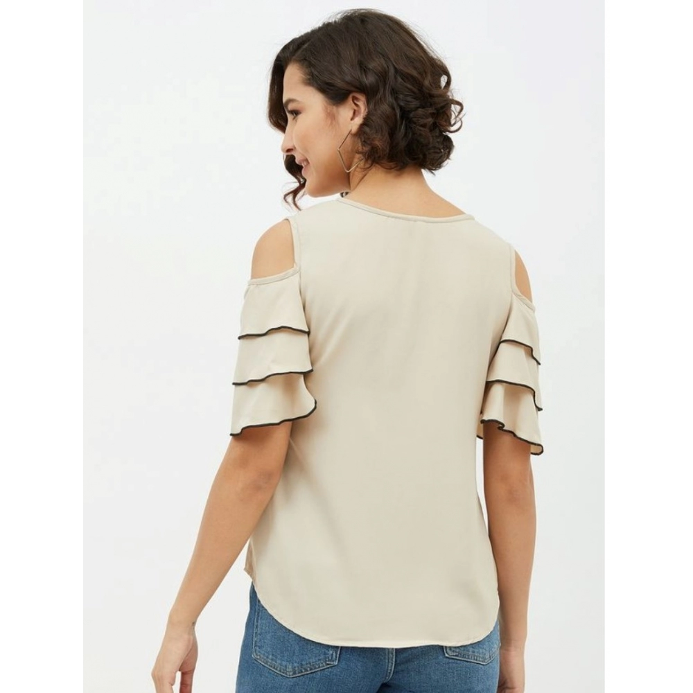 Women's Polyester Tiered Cold Shoulder Top (Beige) - Image 2
