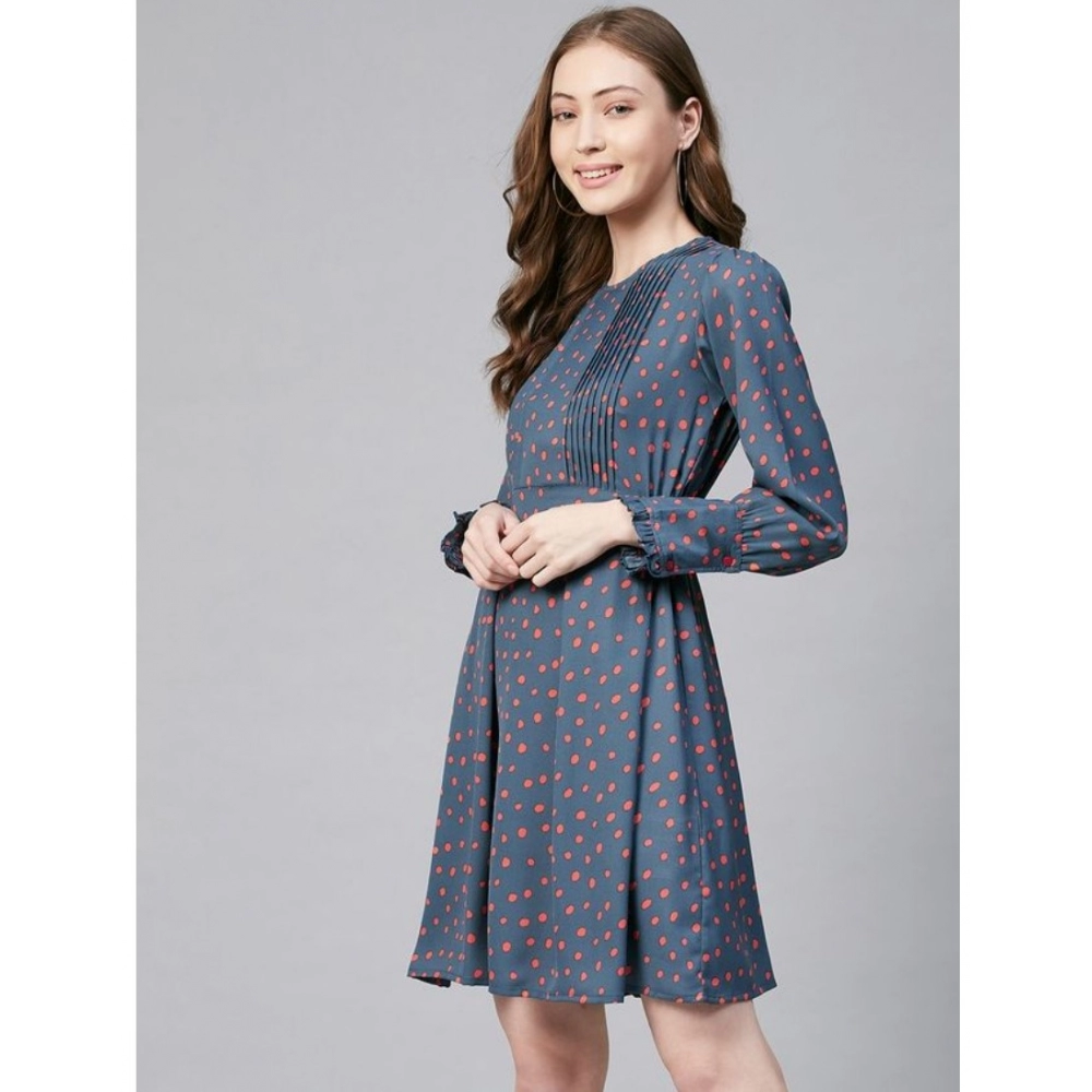 Women's Polyester Polka Long Sleeves Above Knee Dress (Grey - Coral) - Image 5