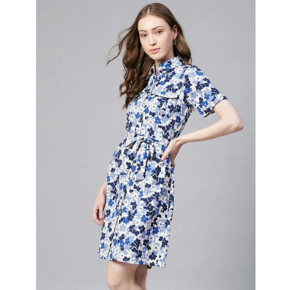 Women's Polyester Floral Short Sleeve Above Knee Dress (Blue - White) - Image 5