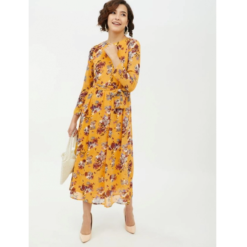 Women's Polyester Floral Long Sleeves Calf-length Dress (Multicolor) - Image 3