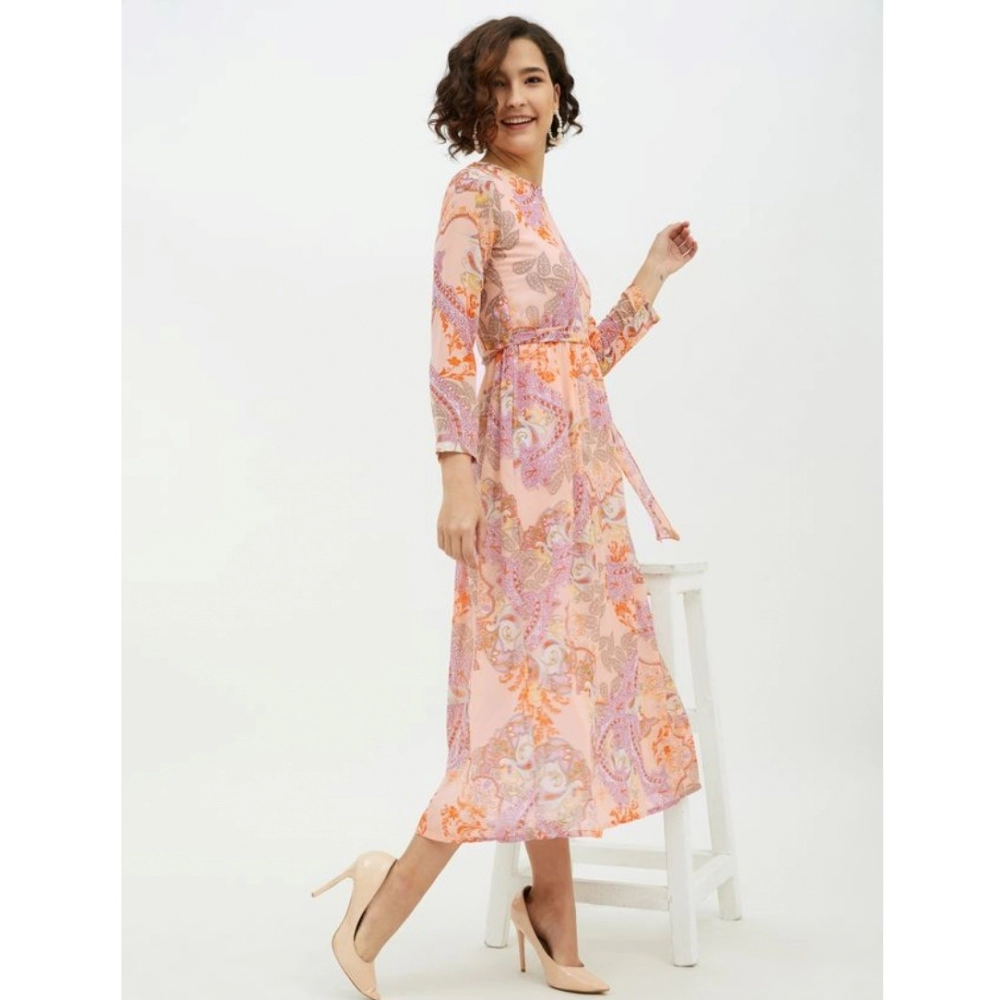 Women's Polyester Printed Long Sleeves Calf-length Dress (Multicolor) - Image 3