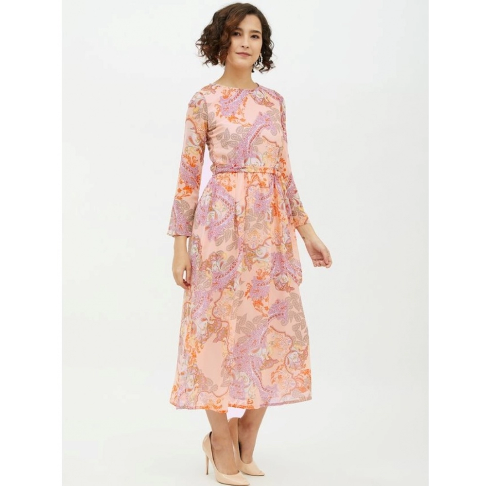 Women's Polyester Printed Long Sleeves Calf-length Dress (Multicolor) - Image 5