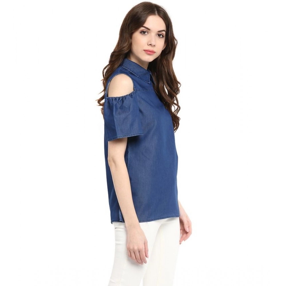 Women's Denim Solid Cold Shoulder Regular Top (Blue) - Image 5