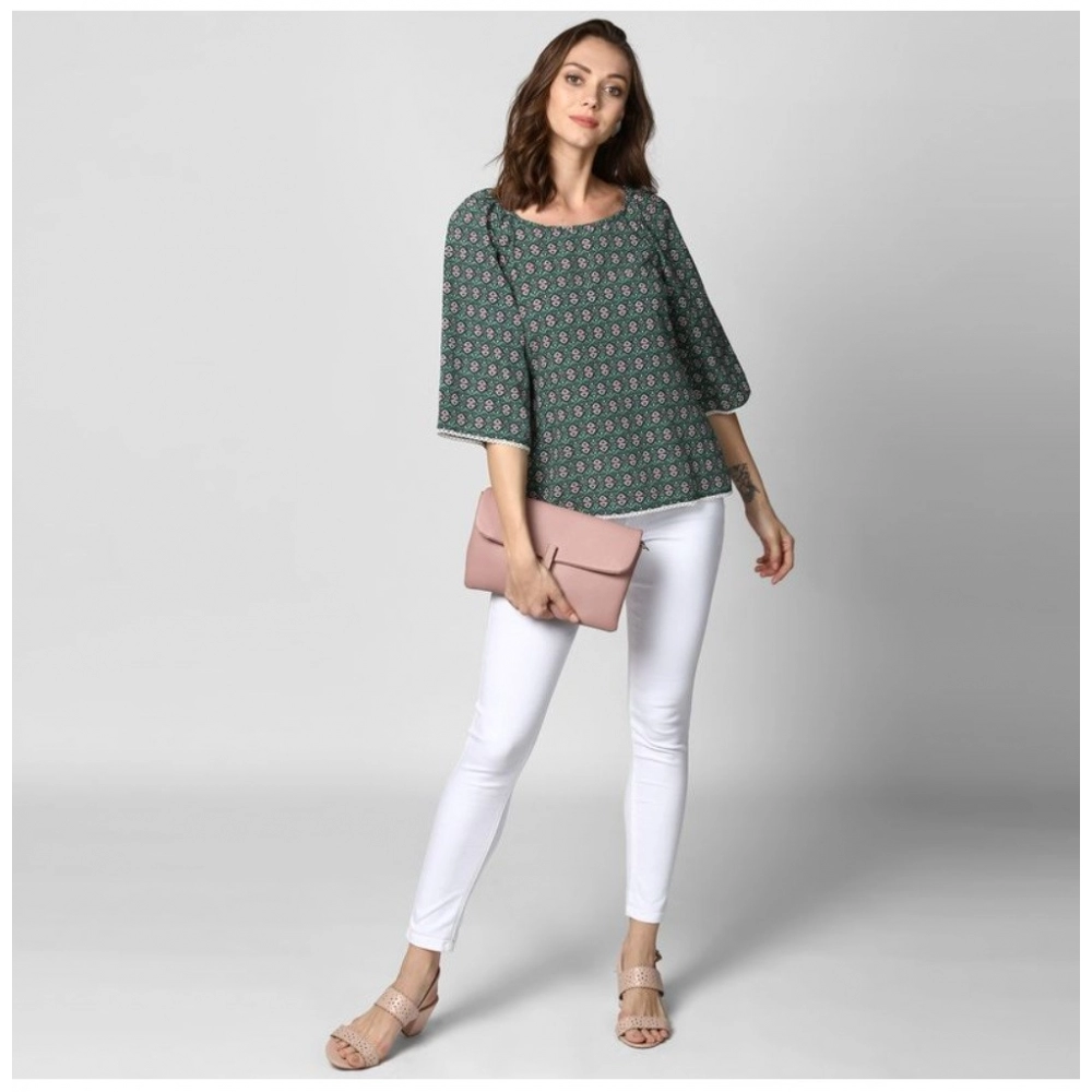 Women's Polyester Printed 3-4th Sleeves Top (Green) - Image 3