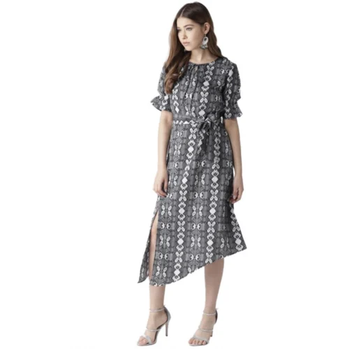 Women's Polyester Animal Print Short Sleeve Knee-Length Dress (Black - White)