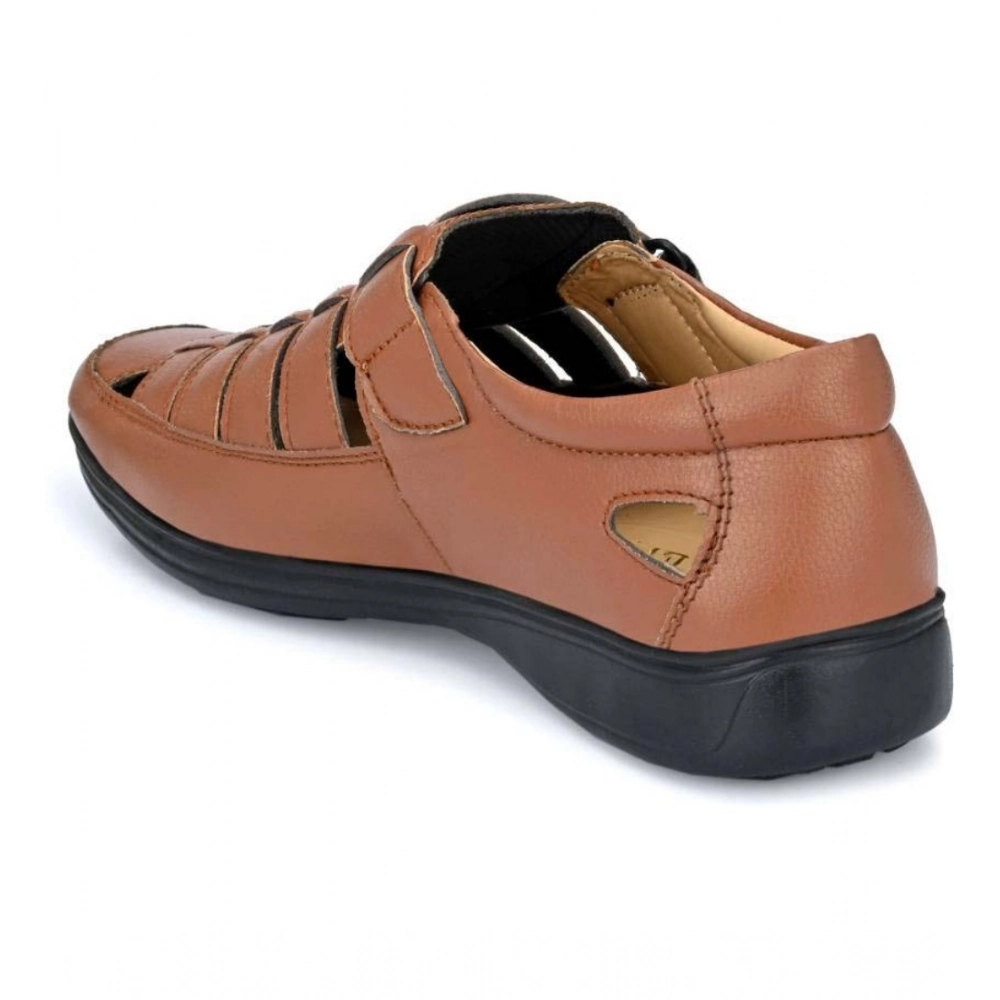Men's Casual Faux Leather Solid Velcro Sandal (Tan) - Image 3